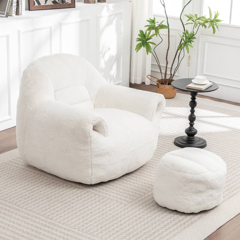 Faux Fur Bean Bag Chair with Back Support & Footstool - Comfy Floor Sofa for Adults & Kids, Living Room, Bedroom (2 Options)