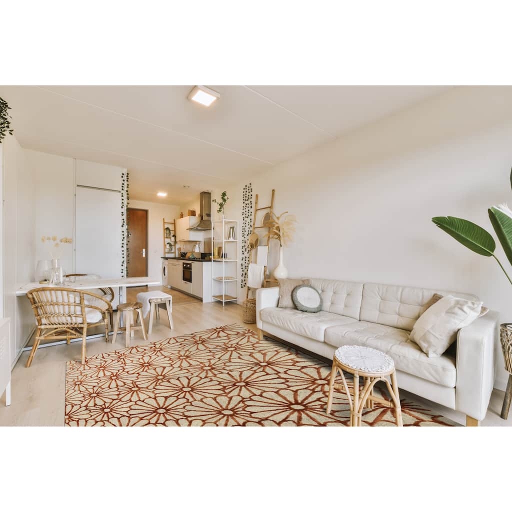 Hand-tufted Wool & Viscose Beige Transitional Trellis Sunflower Rug