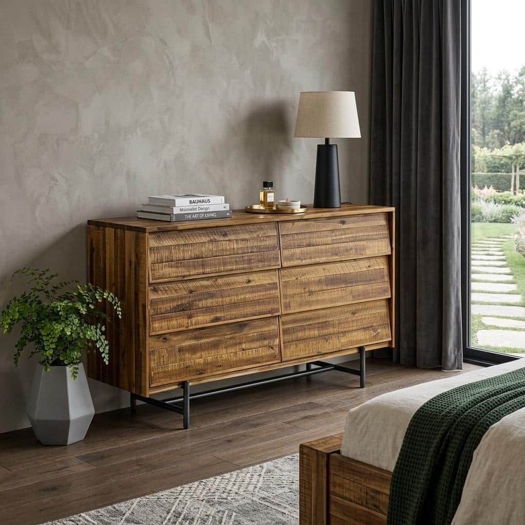 HomeRoots 57" Brown and Black Solid Wood Six Drawer Double Dresser
