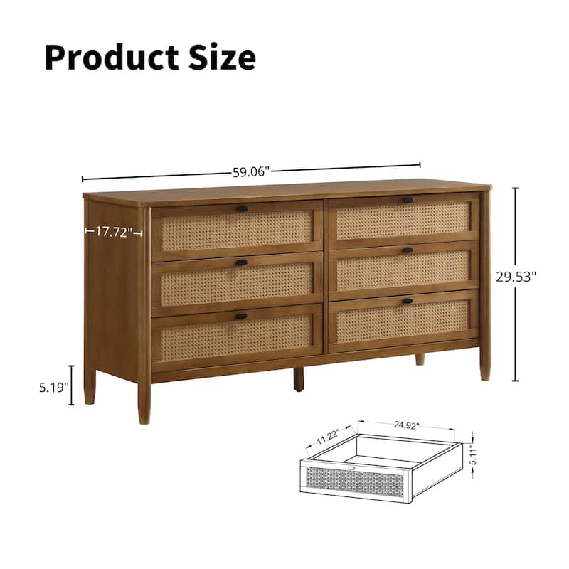 Roundhill Furniture Vichy 5-Piece Rattan Bedroom Set with Upholstered Queen Bed, Dresser, Mirror, Nightstand, and Chest