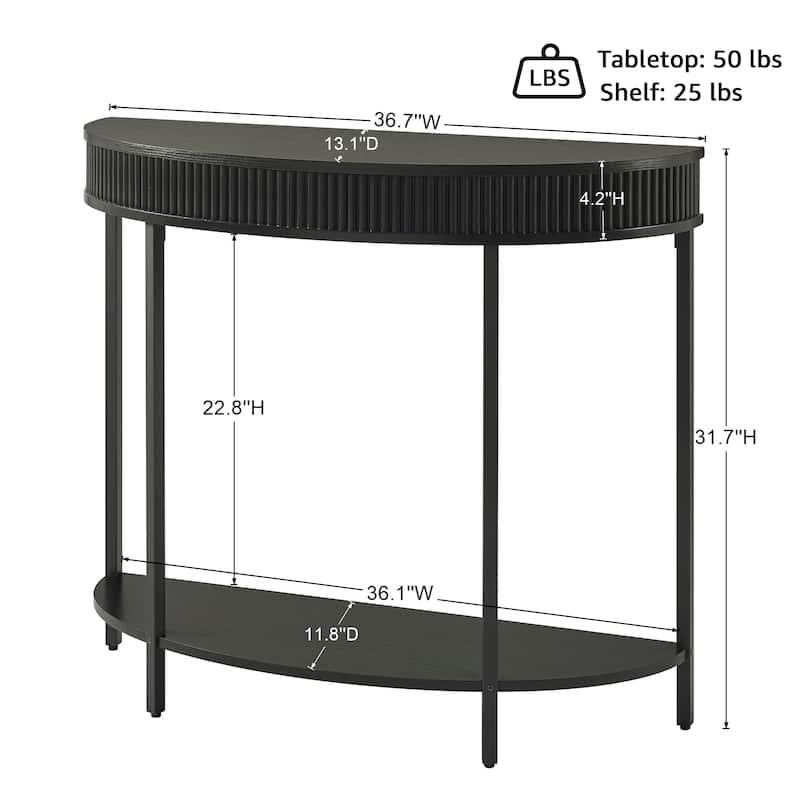 Fluted Half Moon Console Table, Modern 2-Tier Black Entryway Console for Living Room Hallway Foyer