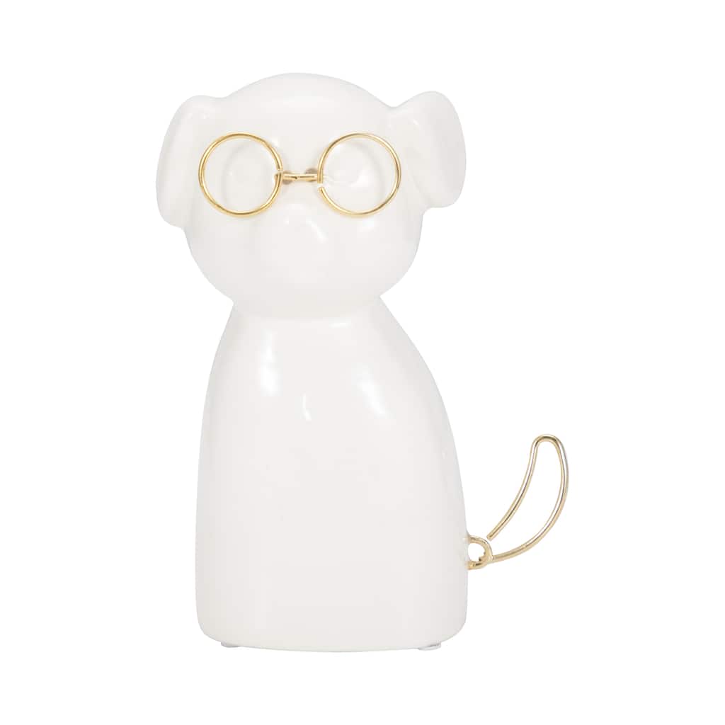 Sagebrook Home Glam Stoneware and Metal Dog Figurine with Bowtie and Glasses - Elegant Decorative Accent Sculpture