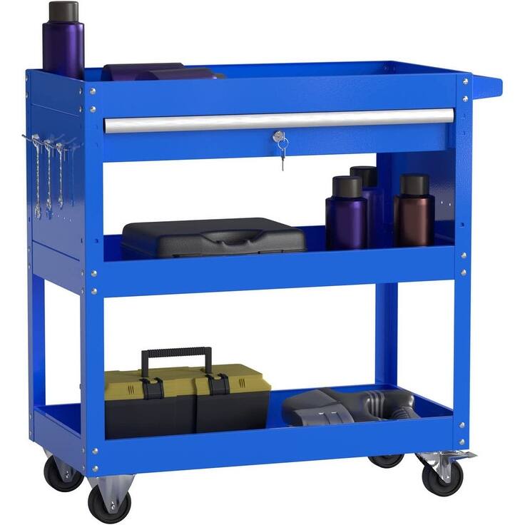 3-Tier Rolling Tool Cart on Wheels for Mechanics with Utility Drawer