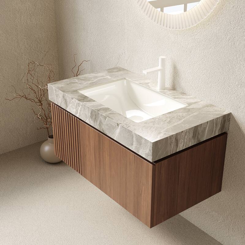 GDFStudio - Muri 36" Floating Bathroom Vanity with Light Gray Sintered Stone Countertop & Basin, WITHOUT Faucet