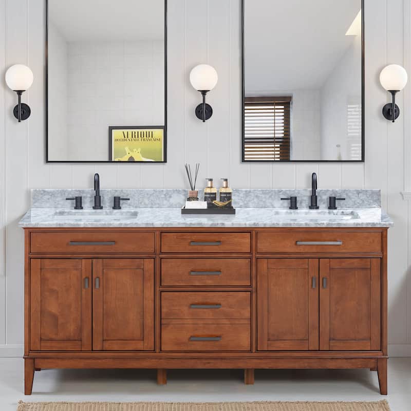 Madison 72 in. Double Sink Bathroom Vanity in Tobacco with Top - 73"W x 22"D - Carrara White Marble Top