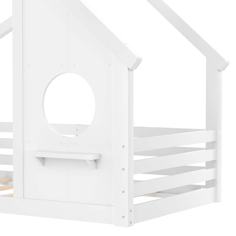 Wooden House Floor Bed, Modern Kids Montessori Playhouse Bed Frame with Window and Roof