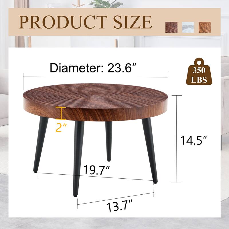 Modern Round Coffee Table - Exquisite Suction Molding Process,Natural Wood Grain Texture,Black Sprayed Metal Leg.