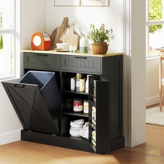 HOMCOM Tilt Out Trash Can Cabinet, Farmhouse Kitchen Cabinet with Hidden Trash Can and 2 Drawers for Laundry Room, Pantry