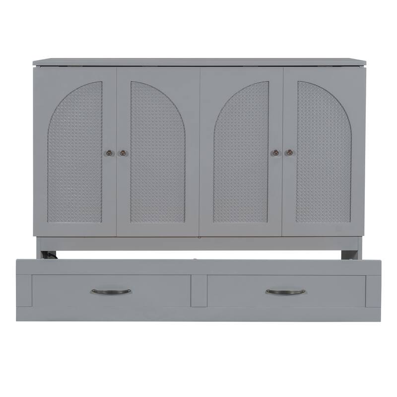 Space-Saving Full Size Murphy Bed with Large Drawers, USB Charging & Rattan Finish