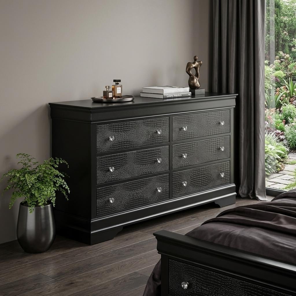 HomeRoots 58" Metallic Grey Solid Wood Six Drawer Double Dresser