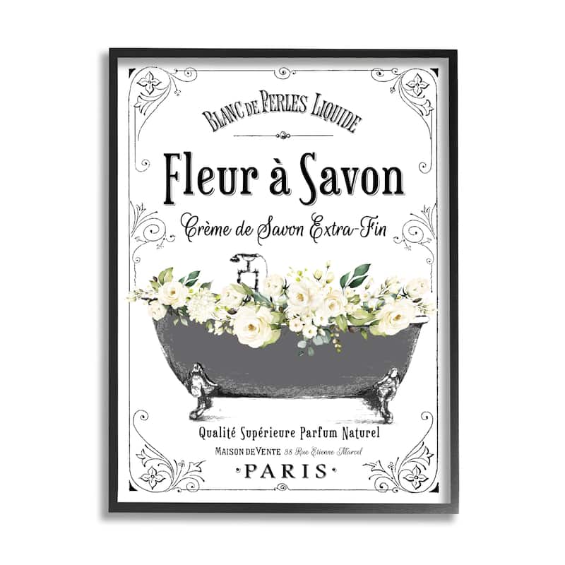 Stupell Fleur a Savon Vintage Parisian Bathroom Floral Tub Framed Wall Art - White - 16 x 20 - Black