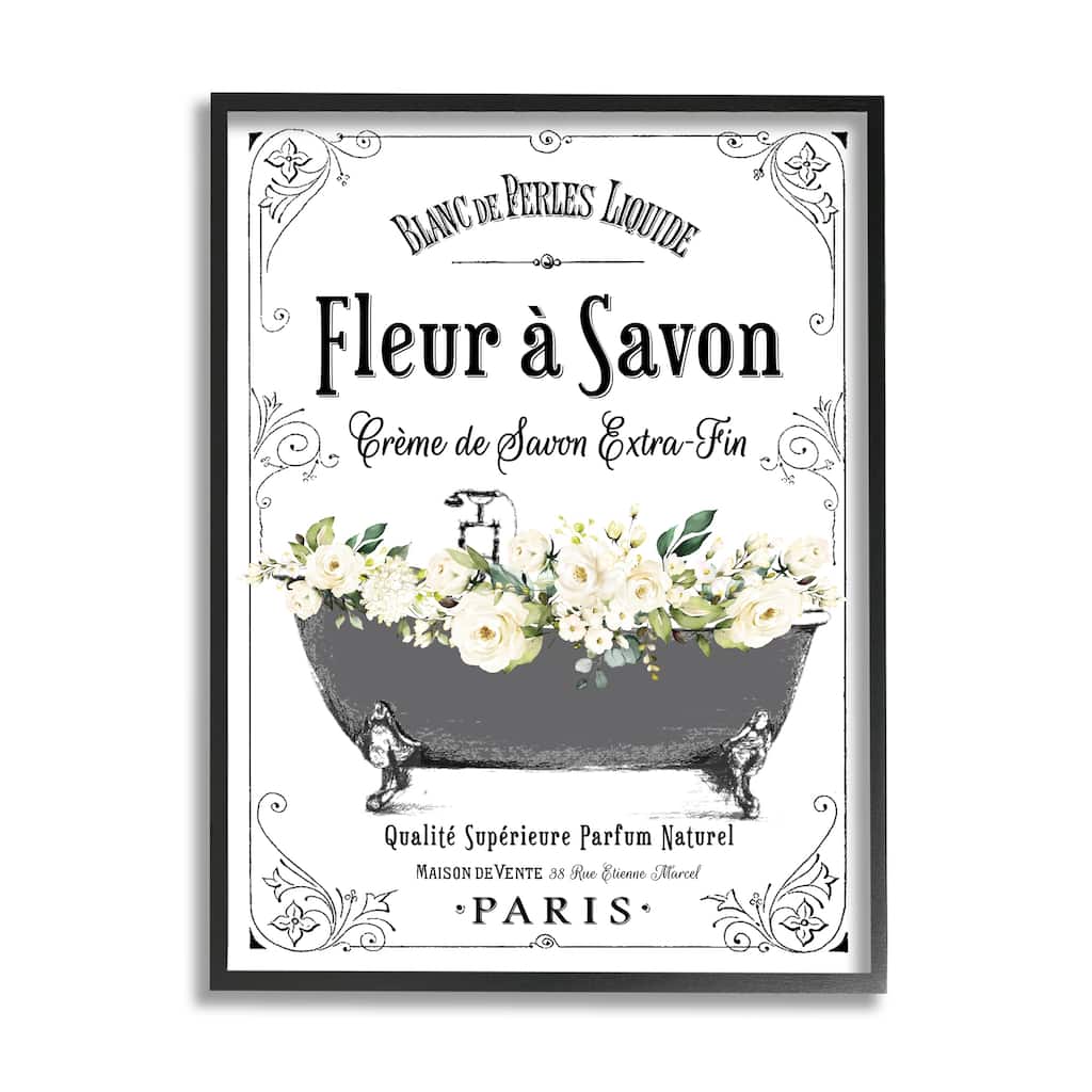 Stupell Fleur a Savon Vintage Parisian Bathroom Floral Tub Framed Wall Art - White