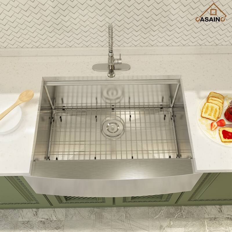 Farmhouse/Apron-Front Single Bowl 18 Gauge Brushed Stainless Steel Workstation Kitchen Sink with Accessories