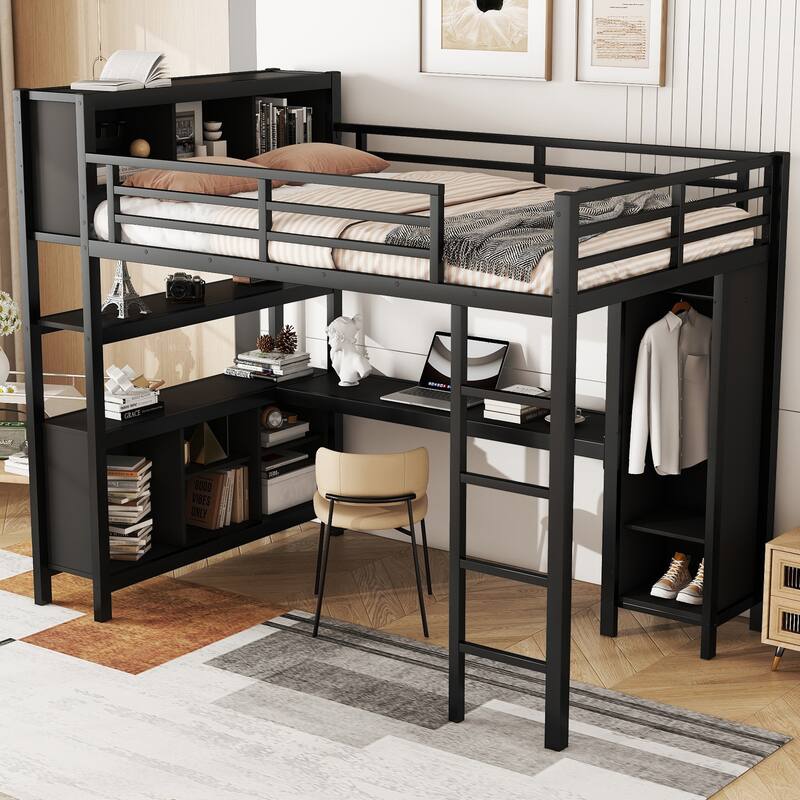 Full Size Metal Loft Bed with Wardrobe, L-shaped Desk, and Storage Shelves for Kids, Teens, and Adults, Black
