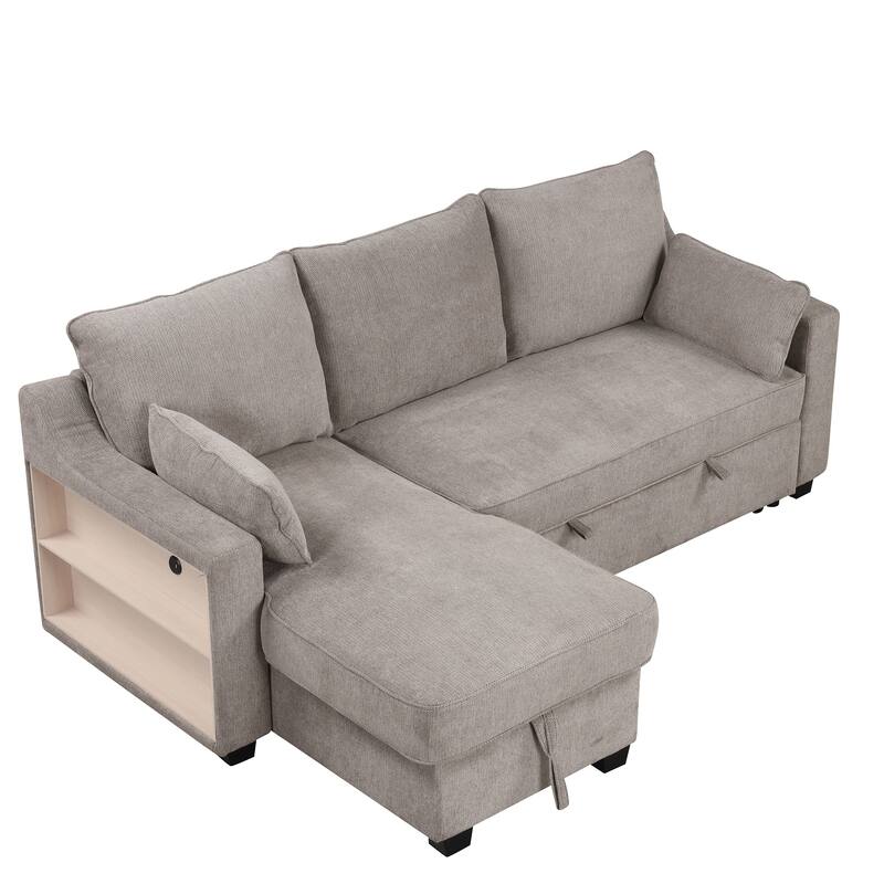 90" Convertible Sleeper Sofa with Storage Chaise, USB Ports, Storage Racks for Compact Spaces