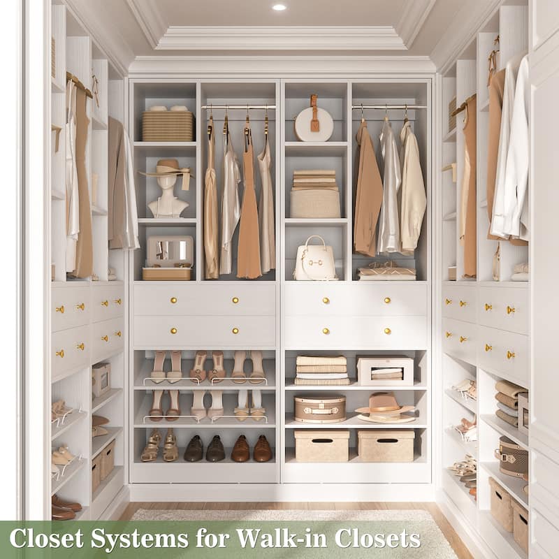 27.7'' Closet Organizer with Shoe Racks and Drawers, Closet System with Hanging Rod and Adjustable Shelves