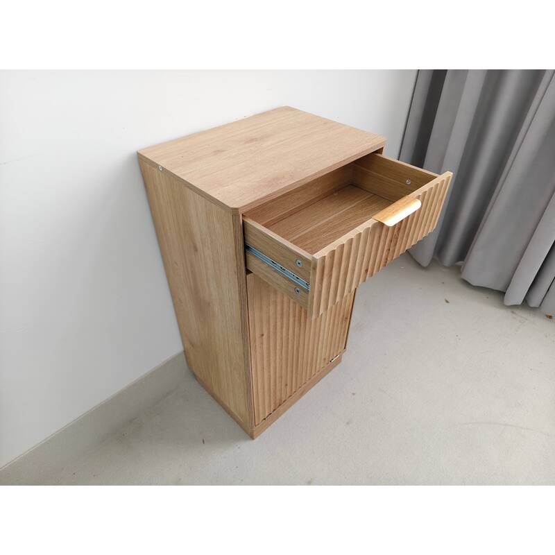10-Gallon Woodgrain Tilt-Out Trash Can Cabinet Wooden Garbage Recycling Cabinet with Wave-Textured Hideaway Drawer&Pull-Out Bin