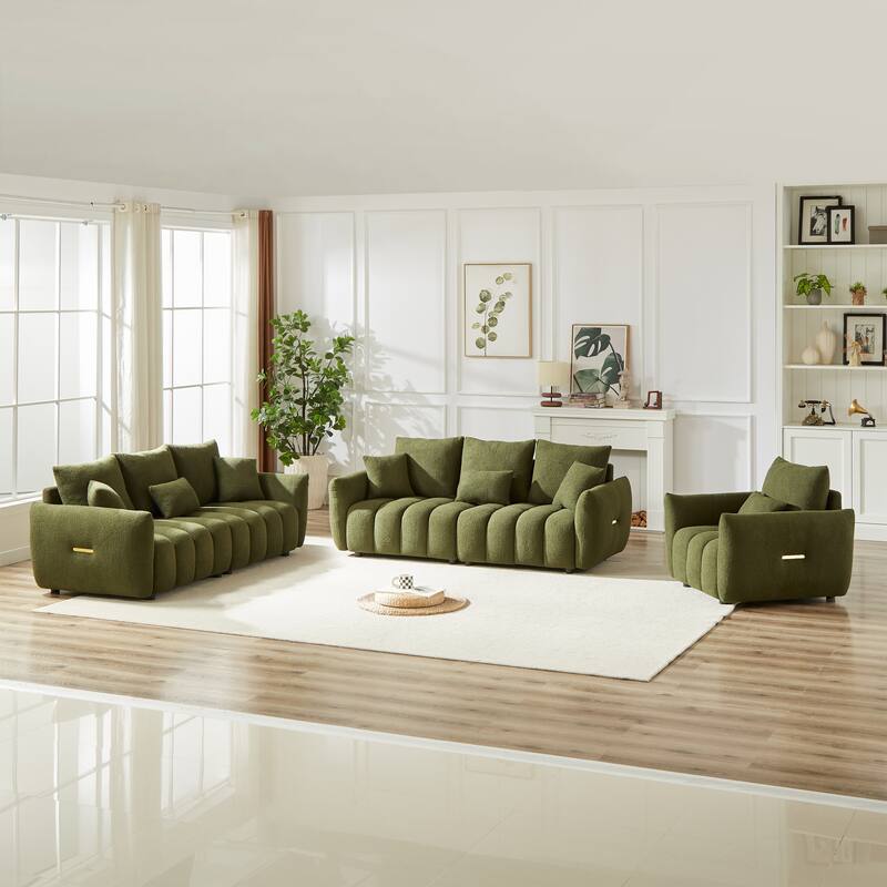Modern Living Room Teddy Fabric Sofas Set, 1+3+3 Seater Couches - Green