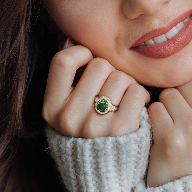 Miadora 5ct TGW Tsavorite and 1 1/3ct TDW Diamond Double Halo Cocktail Ring in 14k Yellow Gold