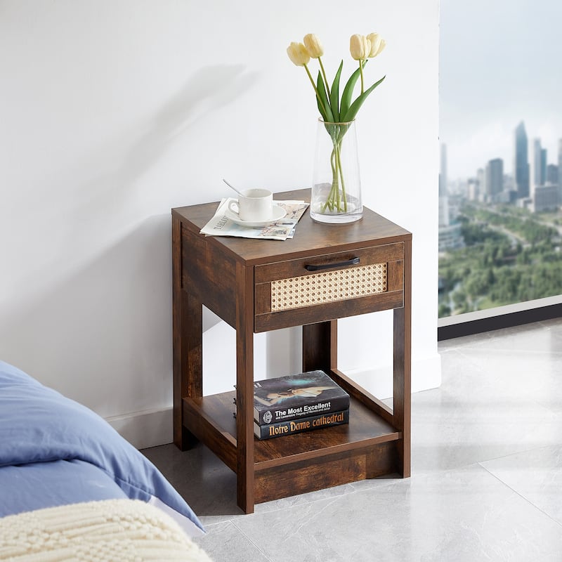 15.75" Rattan End Table With Drawer,Modern Nightstand,Side Table For Living Room,Bedroom,Rustic Brown - Rustic Brown