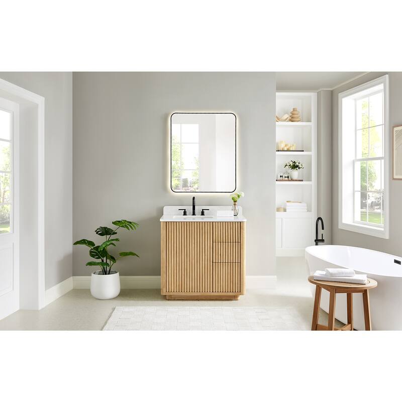 Clayton Bathroom Vanity in Washed Light Brown with Grain White Engineered Stone Countertop without Mirror