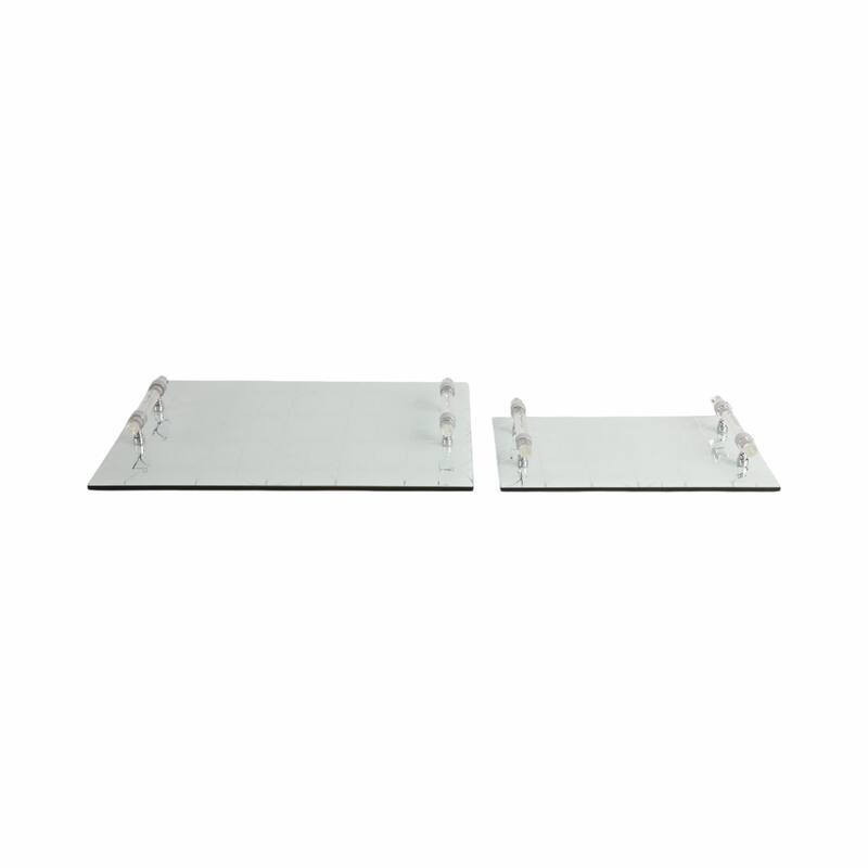 Glass Serving Trays with Modern Handles Stylish Accent (Set of 2) - 16" x 12" x 2" - Silver/ White