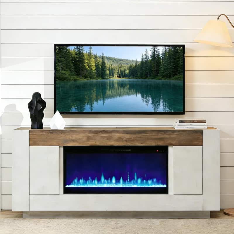 Modern Fireplace TV Stand for 80" TV, Entertainment Center with LED - Antique White