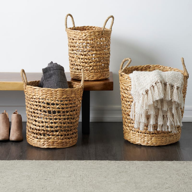 Dried Plant Handmade Woven Storage Basket with Handles - Set of 3 Brown - Roche River Decor - 17"W x 17"L x 21"H