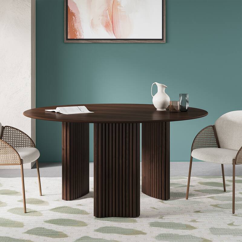 Modern Round Dining Table with Striped Column Legs Solid Wood Kitchen Table Anti-Scratch Footpads