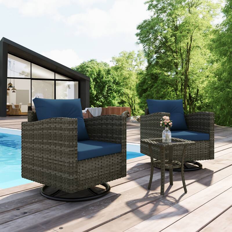 Outdoor Rattan Conversation Swivel Chair Set of 3 with Table