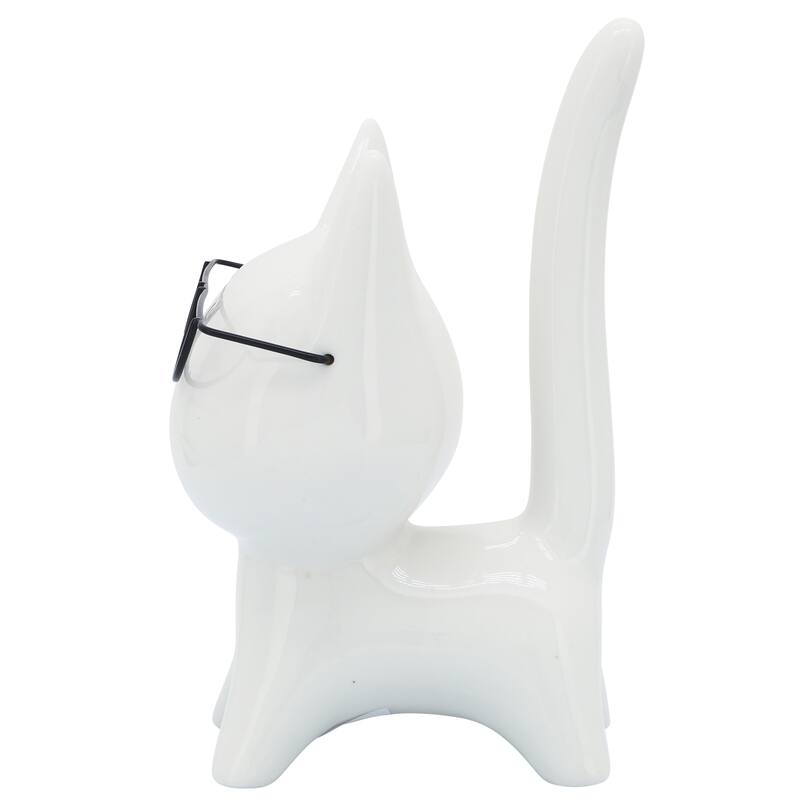 8" Porcelain Kitten Statue White Kitty with Glasses Decorative Sculpture Contemporary Creative Home or Office Table