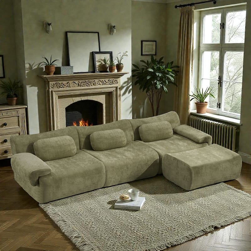 Modular Chenille Sofa Set with Armchair, Extra Large Deep Seat 3 Seater Compression Couch with Pillows