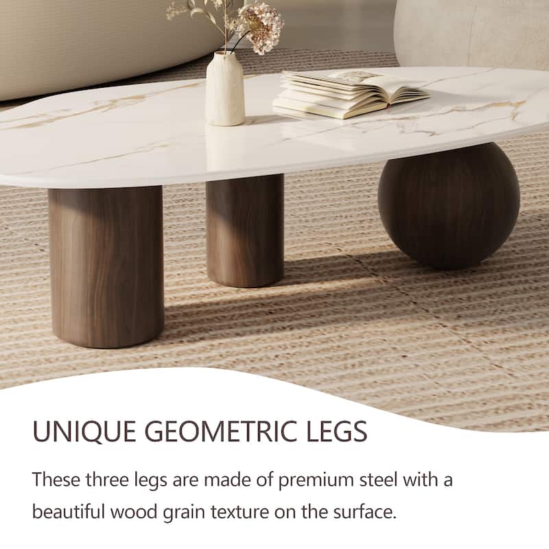 54" Modern Coffee Table, Whitet Glossy Sintered Stone Table-top, 3 Steel legs with wood texture