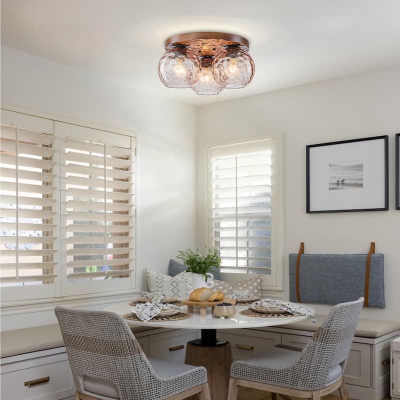 3-Light Rustic Wood Flush Mount Ceiling Light with Textured Amber Glass Shades - Dia.16.54-in