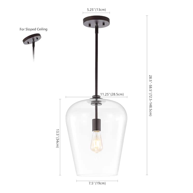 Ikon 11.25" 1-Light Industrial Farmhouse Iron/Glass LED Pendant, Oil Rubbed Bronze/Clear by JONATHAN Y