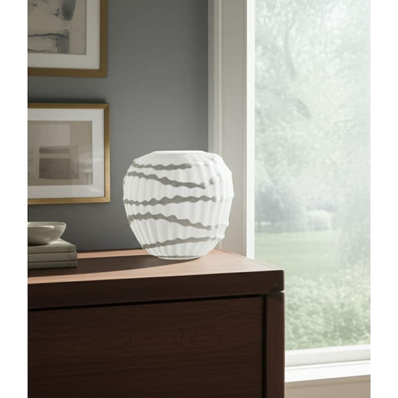 Glass Vase Carved Vertical Strips Pattern Finish Centerpiece Tabletop - 11.75" x 10.5" x 10.5"