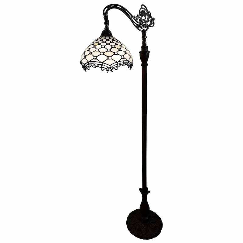 Brown Metal Traditional Floor Lamp with White Tiffany Glass Bowl Shade - 12” x 12” x 62” (D x W x H) - Brown-White