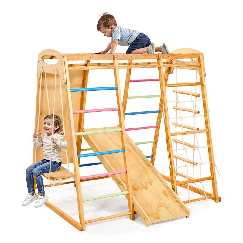 Colorful 7 in 1 Indoor Playground Jungle Gym for Kids with Extended Slide Swing Climbing Net Monkey Bars and 250 lbs Capacity