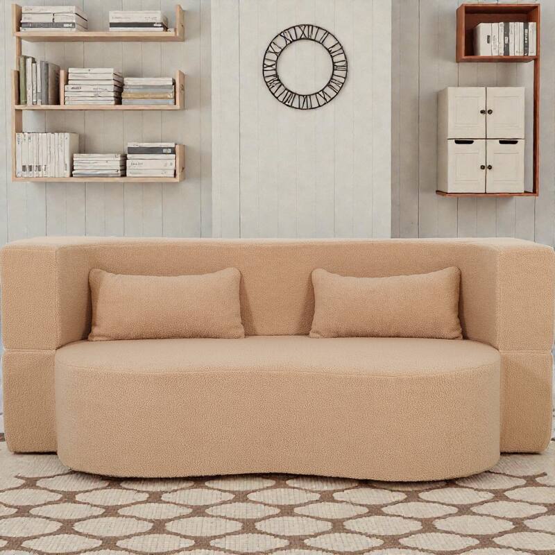 2-in-1 Convertible Full Size Sofa Bed, Teddy Loveseat with 2 Pillows, No-Assembly Floor Futon - Apricot