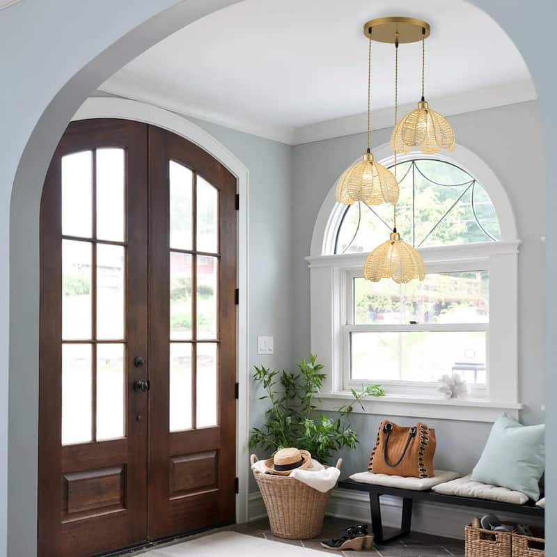 Cali 3-Light Rattan Hemp Cluster Pendant, Coastal Boho - Handwoven - 21" Wide