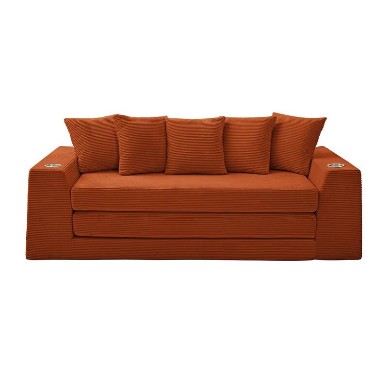 Modern Convertible Loveseat Sofa Bed, Corduroy Fabric Foldable Floor Couch w/5 Pillows, Side Pockets & Cup Holders, No Assembly
