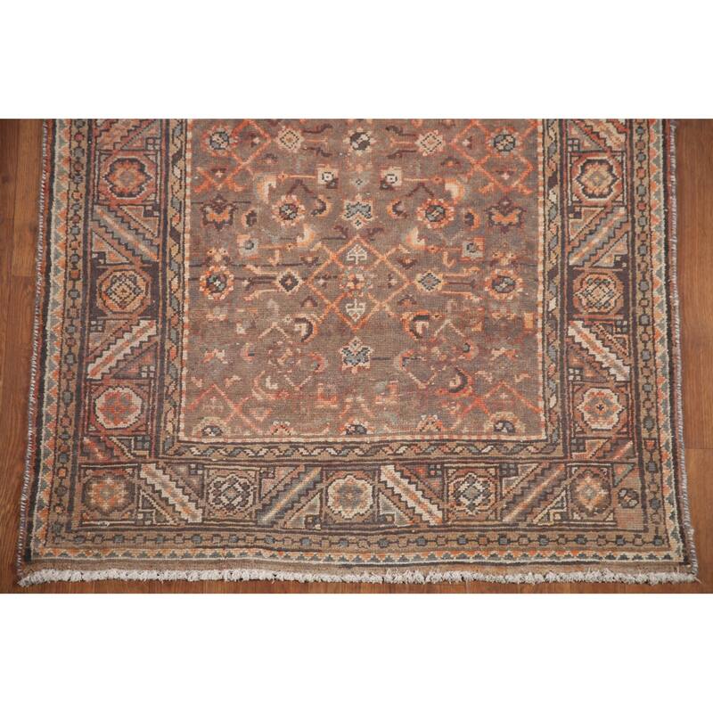 Hand Knotted Oriental 100% Wool Carpet Traditional All-Over Brown Malayer Runner Rug - 10' 8'' X 3' 5''
