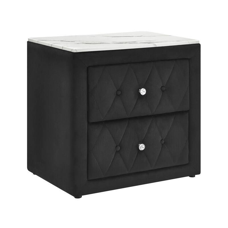 1pc Black Nightstand Upholstery Fabric Faux Marble Top Two Storage Drawers Wooden Bedroom Furniture