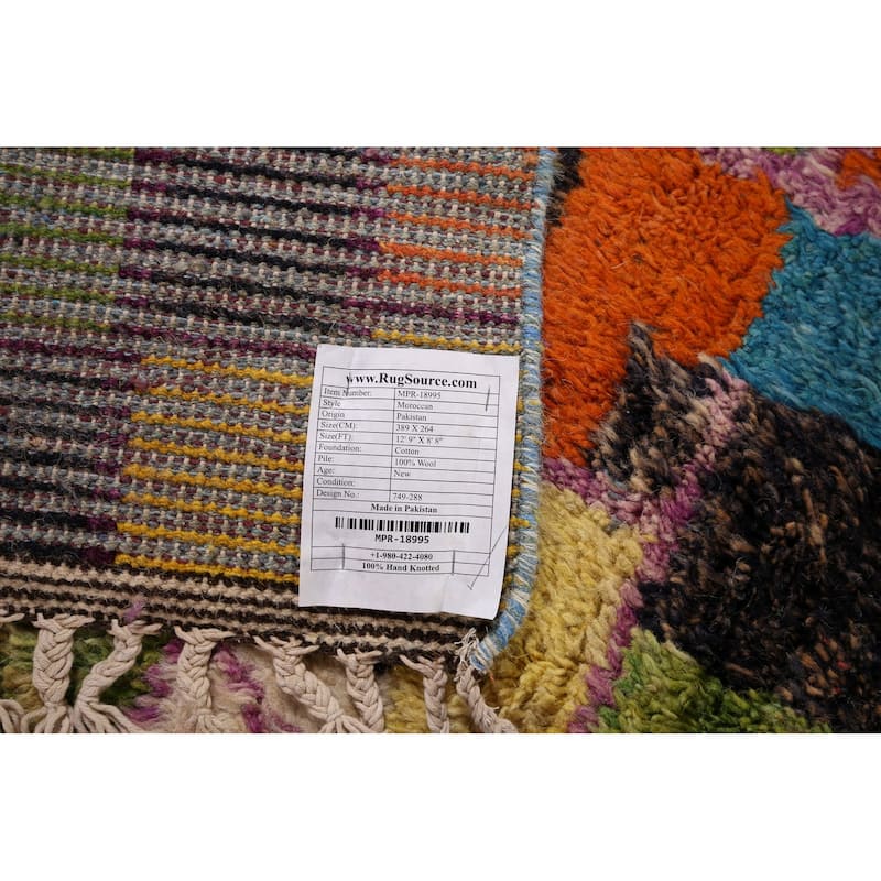 Colorful Checkered Moroccan Plush Area Rug Handmade Wool Carpet - 8'8" x 12'9"