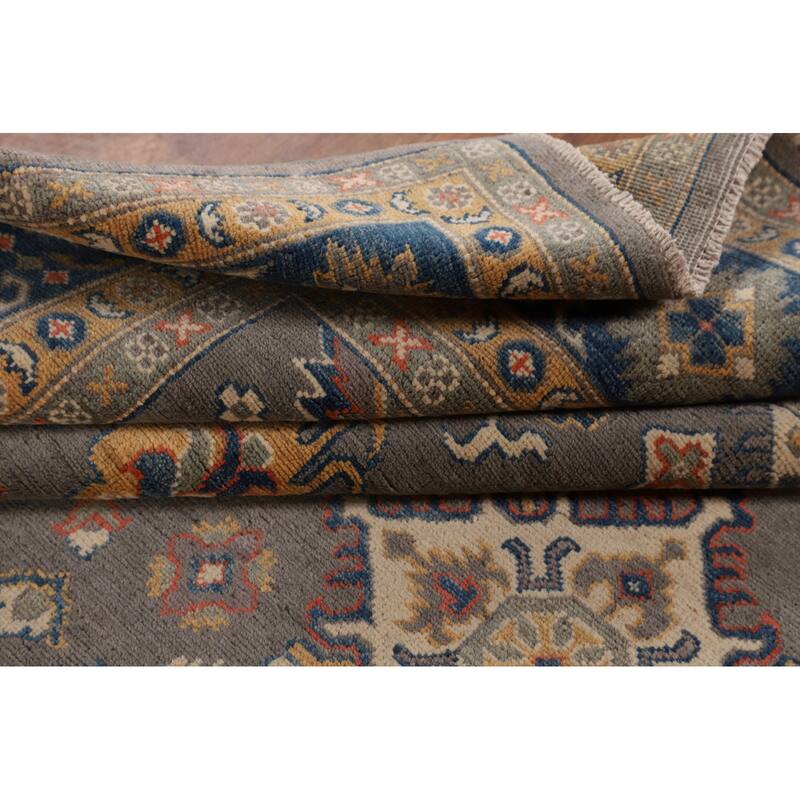 Hand Knotted Oriental 100% Wool Carpet Traditional Geometric Greys & Charcoal Kazak Area Rug - 9' 9'' X 6' 5''