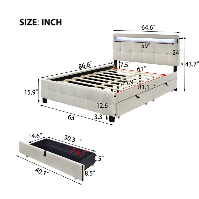 Upholstered Platform Bed with LED Frame and Drawers