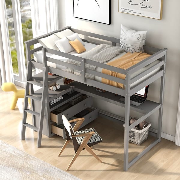 Gray Home Office Twin Loft Bed with Study&Working Desk - Bed Bath ...