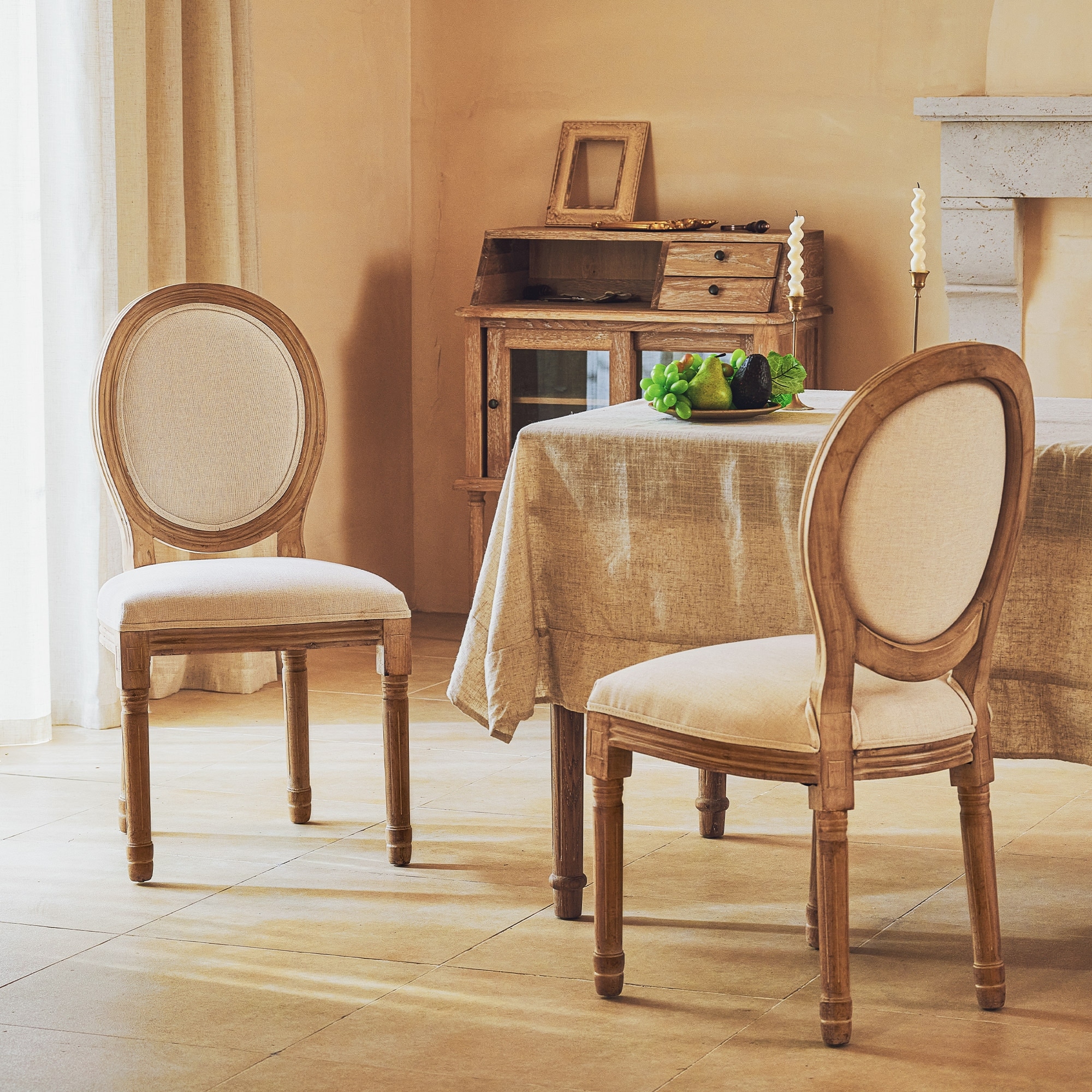 King Louis Back Side Chair Set of 2 French Country Dining Chairs  Upholstered Linen Dining Room Chairs,Beige 