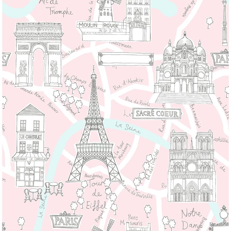NextWall Paris Scene Peel and Stick Wallpaper - 20.5 in. W x 18 ft. L - Pale Pink