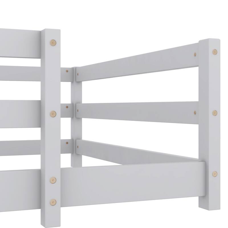 Twin/Full Montessori Floor Bed with Safety Fence - Wood Kids Floor Bed for Boys & Girls